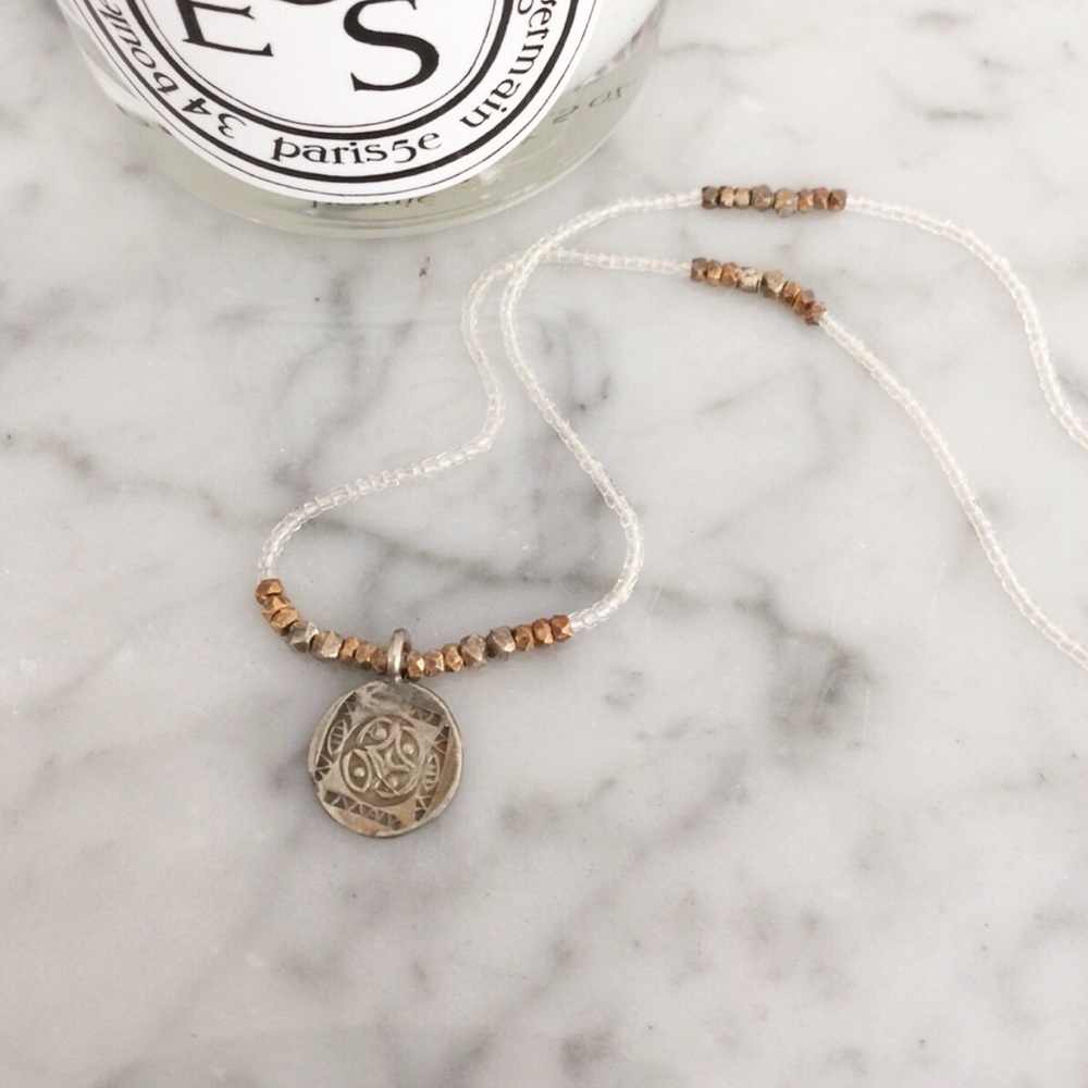Mini Silver + Gold Bead Necklace with Mini Coin Pendant - Picture 2 of 5